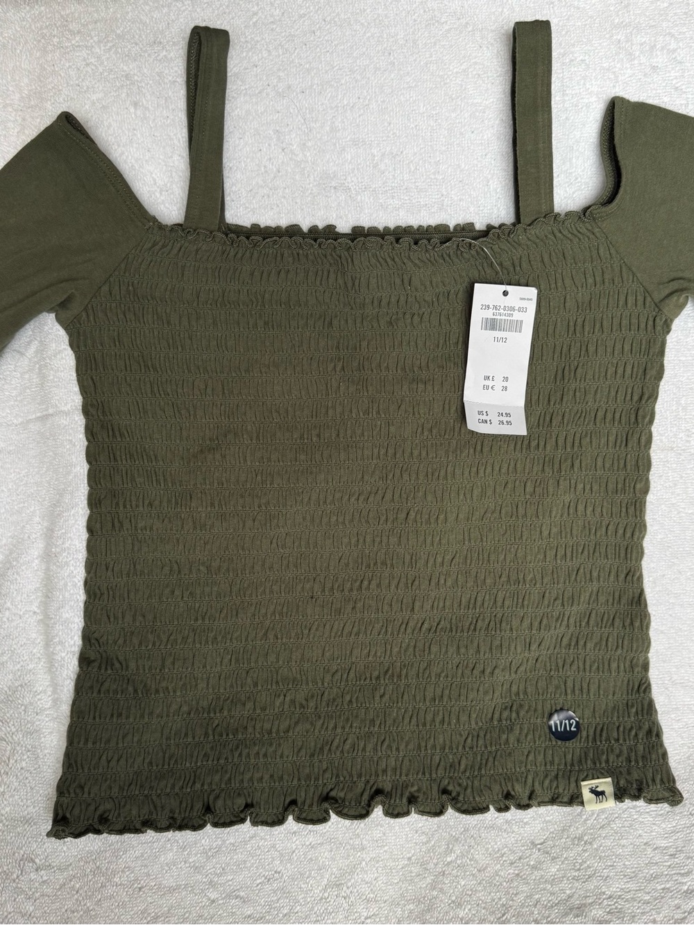 abercrombie kids Olive Green Smocked Off-Shoulder Top Size 11/12 NWT